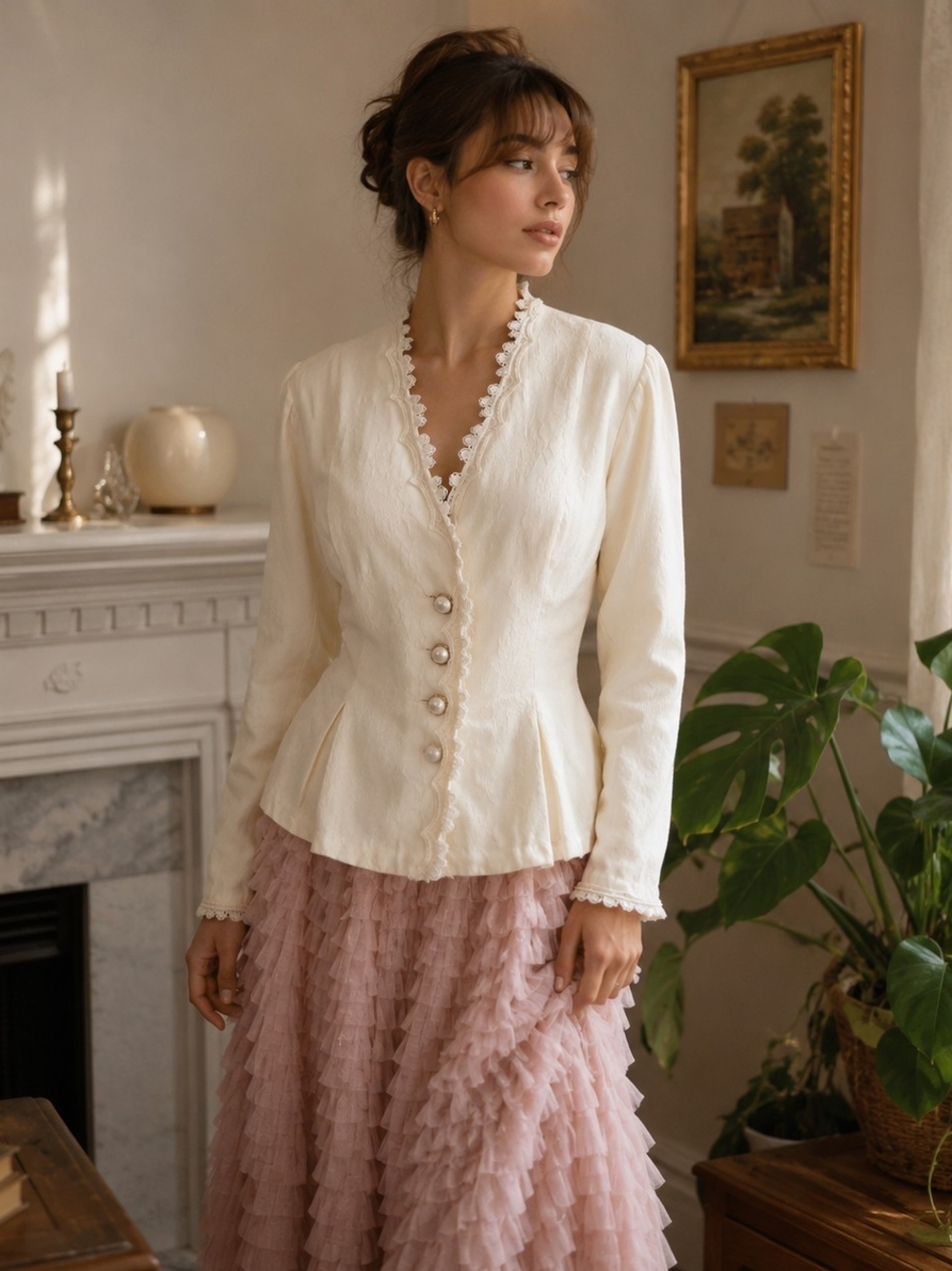 Vintage 80s Ivory Floral Brocade Blazer Lace Trim Regencycore Size 12 Romantic